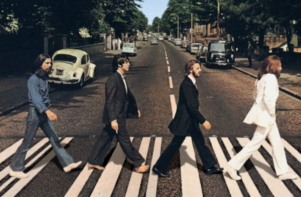 The famous image from the cover of  The Beatles' "Abbey Road" album.